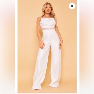 White Lace Insert Cowl Neck Jumpsuit